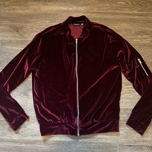 Burgundy Velvet Zip-Up Bomber Jacket size 8
